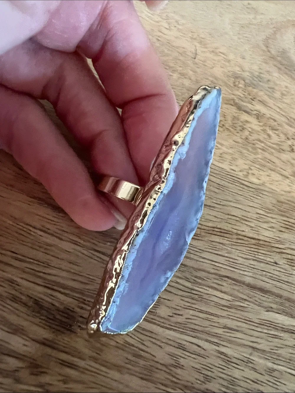 Long Lavender Agate Statement Ring with Gold Edge